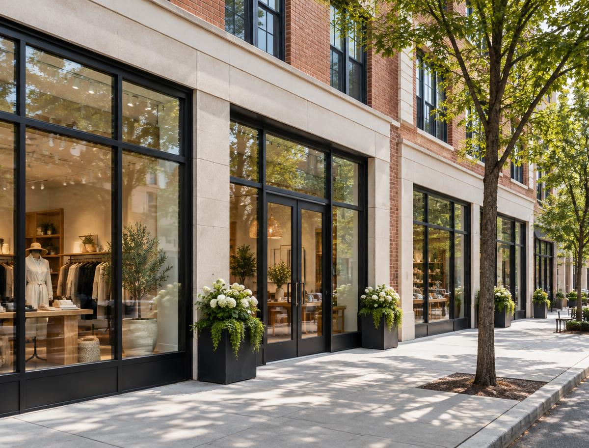 Illustrative retail storefronts along a tree-lined commercial sidewalk