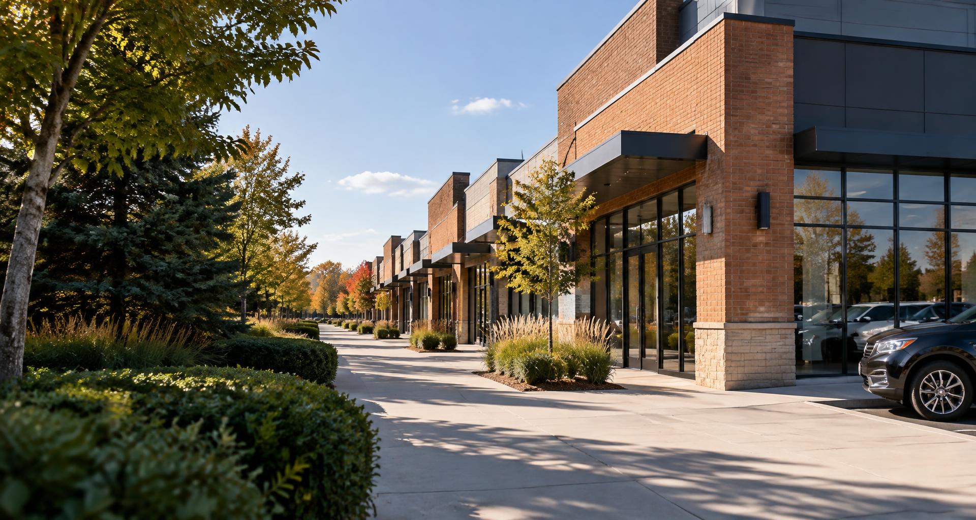 Illustrative contemporary retail plaza storefronts and pedestrian walkway